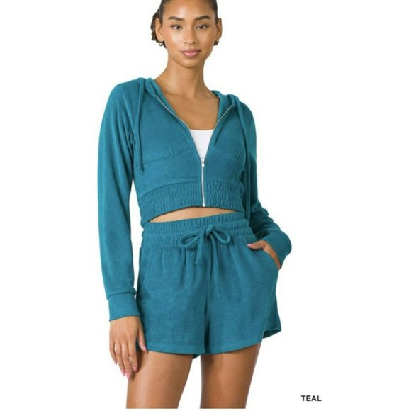 ZENANA loop terry zip hoodie & short set NEW comfy and cute - Picture 3 of 4
